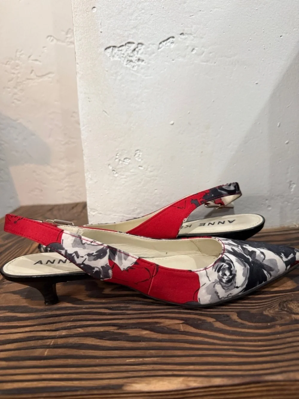 Anne Klein Red and Black Floral Pointed Slingback Kitten Heel Pumps